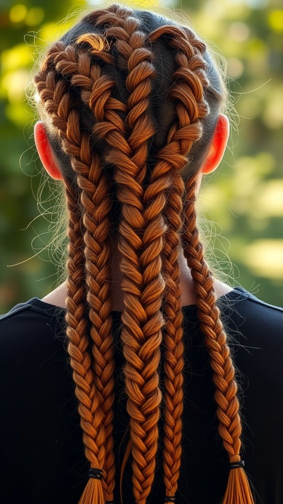 A close-up view of ginger medium knotless braids styled in a neat pattern.