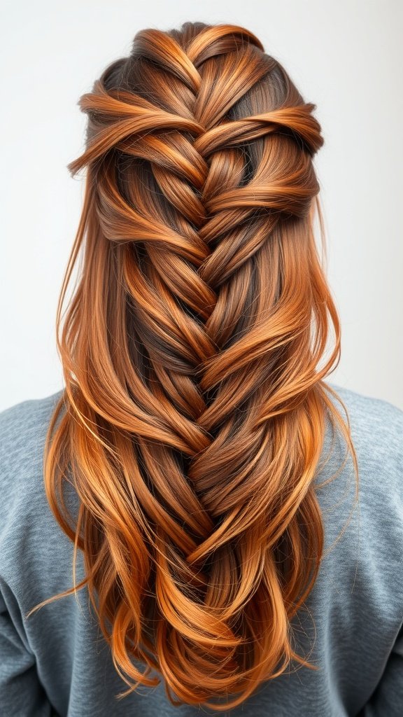 A back view of a person with ginger ombre knotless braids, showcasing a beautiful braid design.
