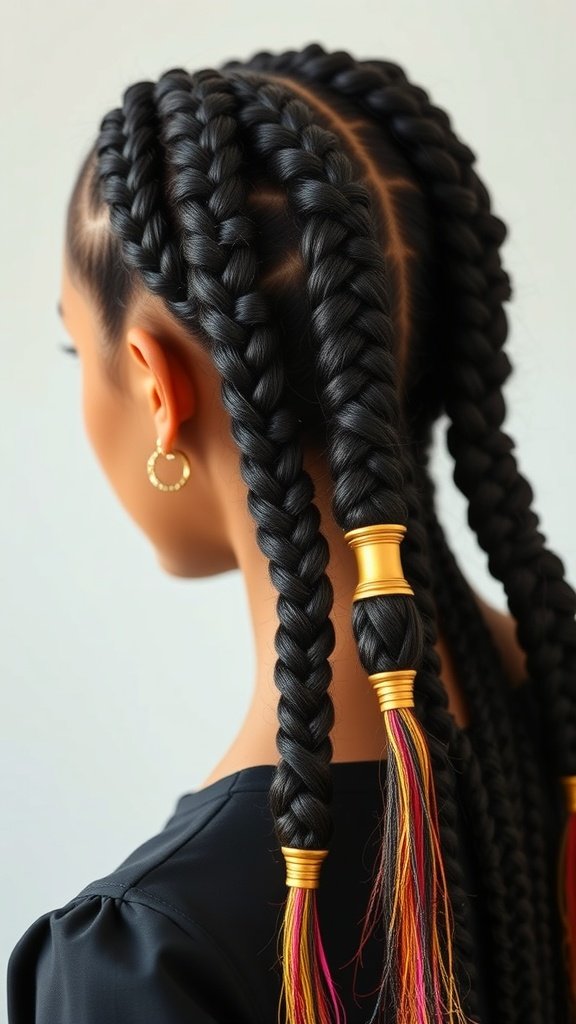 Medium knotless braids with gold cuffs and colorful strands