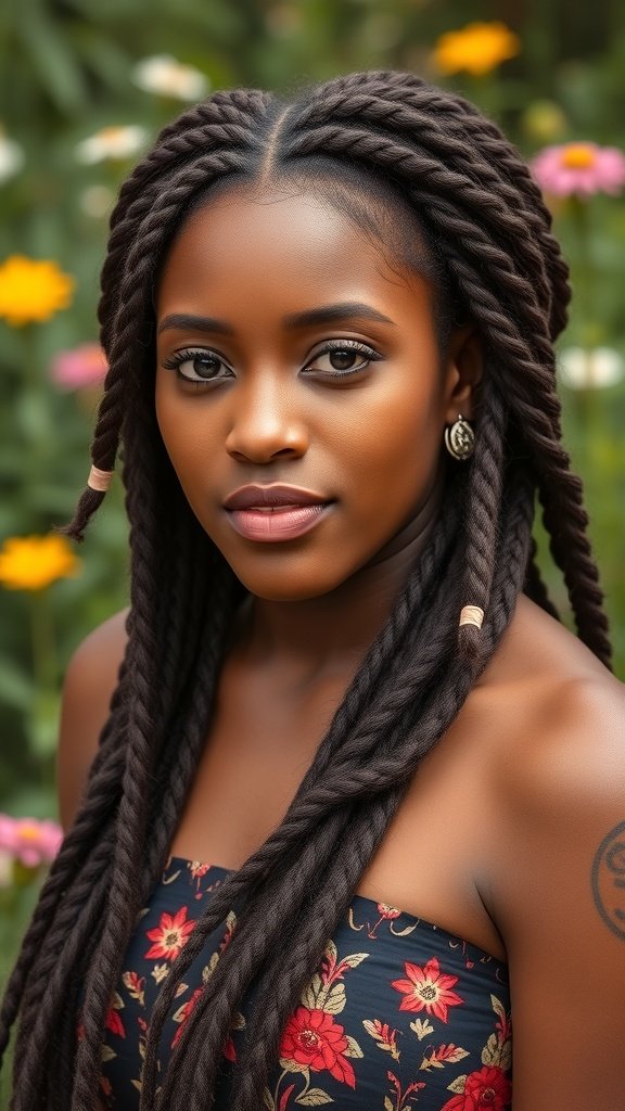 A woman with medium knotless box braids, showcasing a natural and elegant hairstyle.