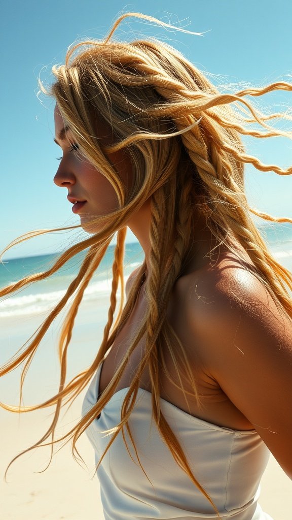 A woman with golden blonde knotless braids, standing by the beach with the wind blowing through her hair.