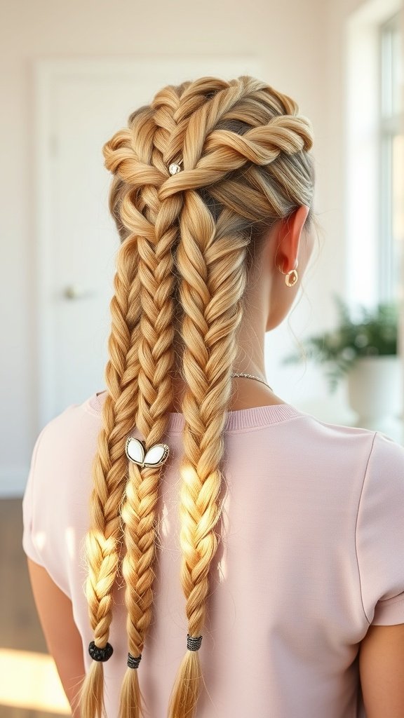 A woman with golden blonde knotless braids styled elegantly, showcasing intricate braiding and accessories.