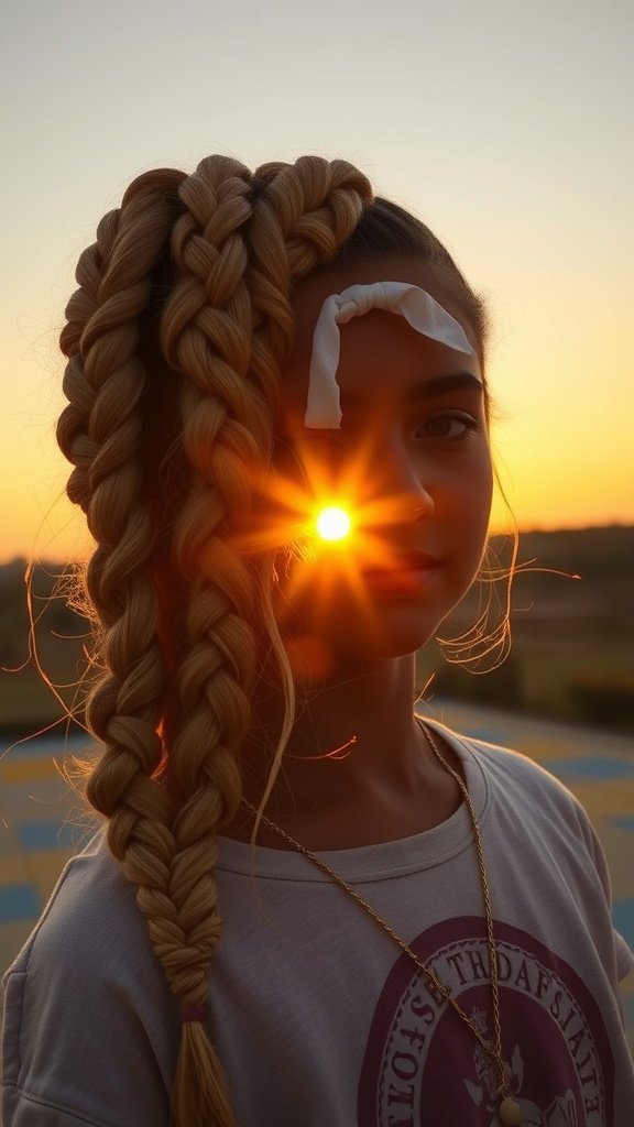 A person with golden ombre knotless braids, showcasing the beauty of the hairstyle against a sunset backdrop.