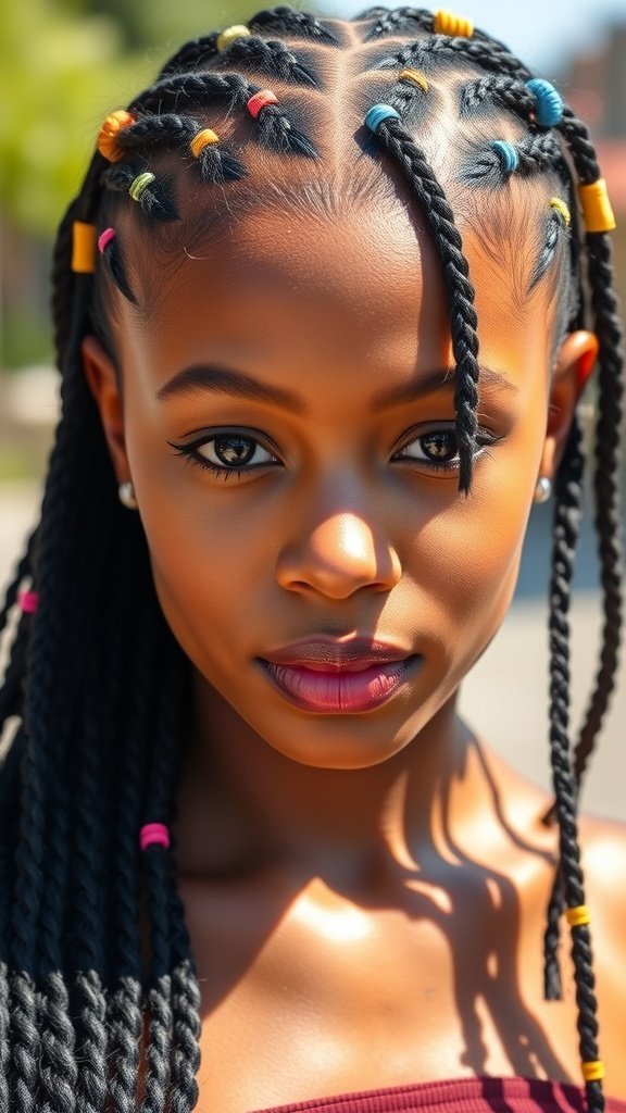 A close-up of a person with box braids featuring colorful beads.