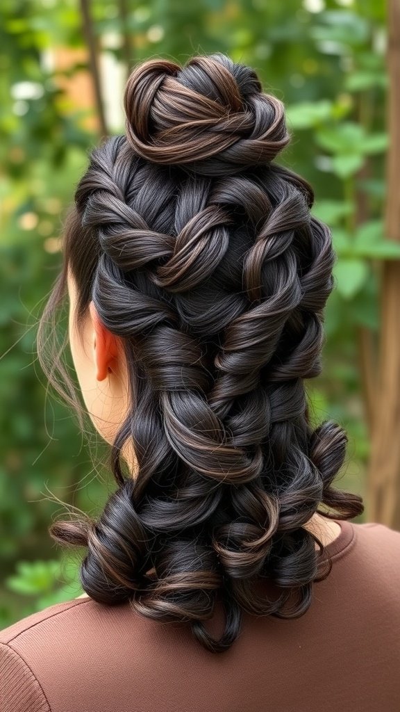 A woman with a half-up bun hairstyle featuring curly ends, showcasing a stylish and playful look.