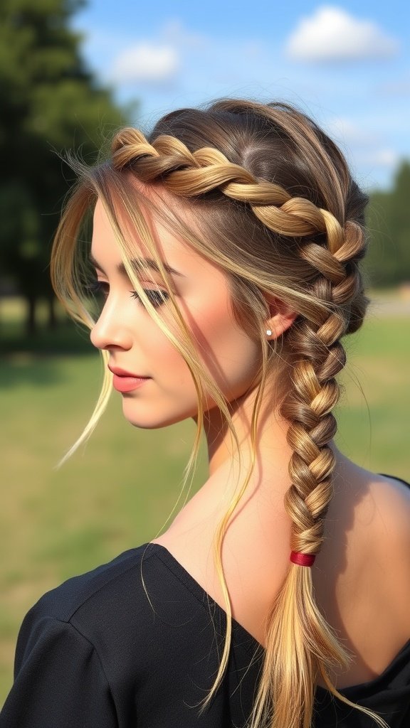 A woman with half-up half-down boho braids, showcasing a stylish hairstyle in a natural setting.