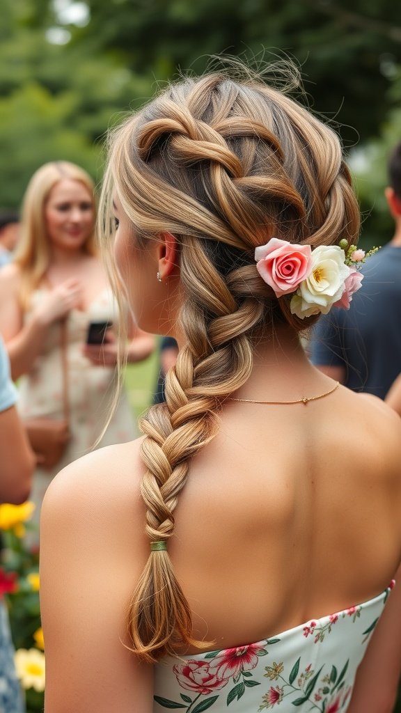 A woman with a half-up half-down knotless bob hairstyle featuring a braid and floral accents.