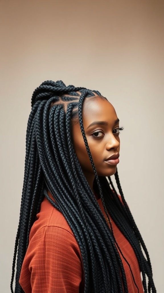 A woman with half-up half-down knotless box braids, showcasing a stylish and elegant hairstyle.