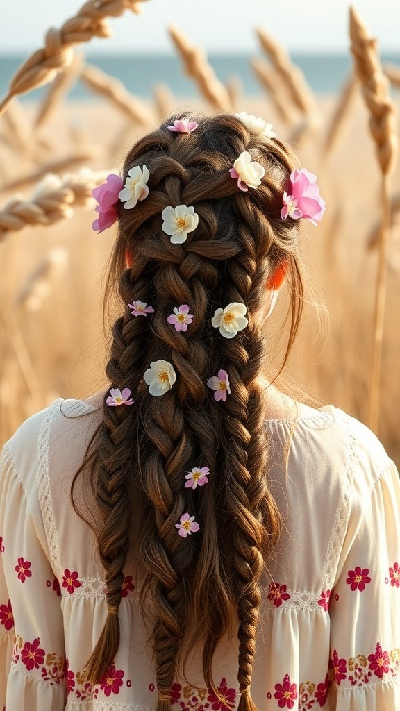 A woman with half-up half-down knotless braids adorned with flowers.
