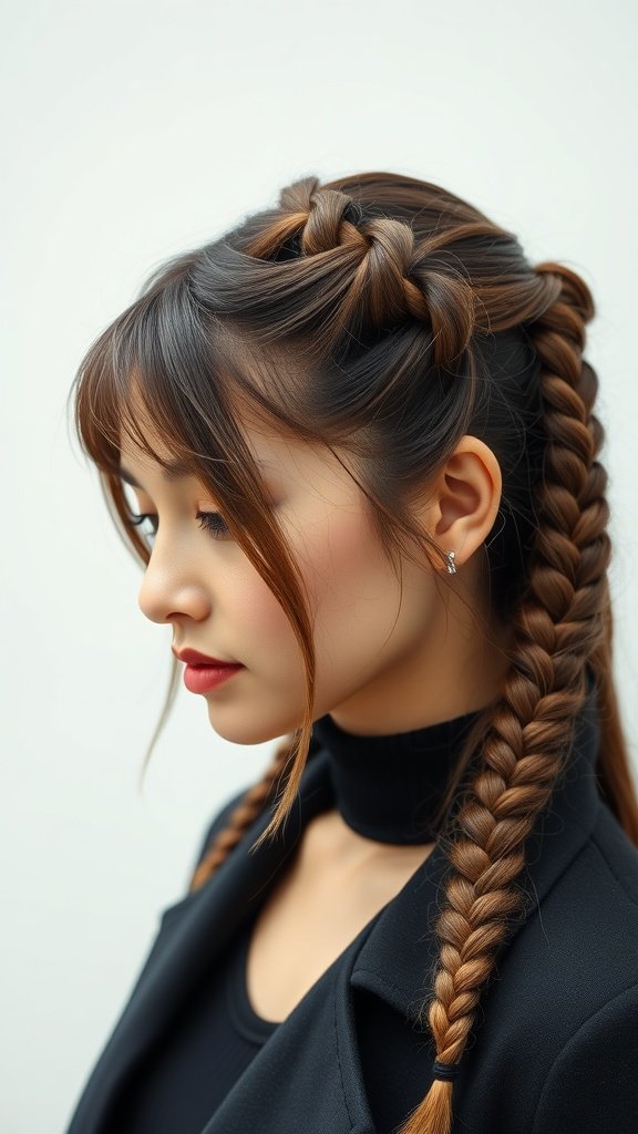 A woman with half-up half-down knotless braids, showcasing a stylish and elegant hairstyle.