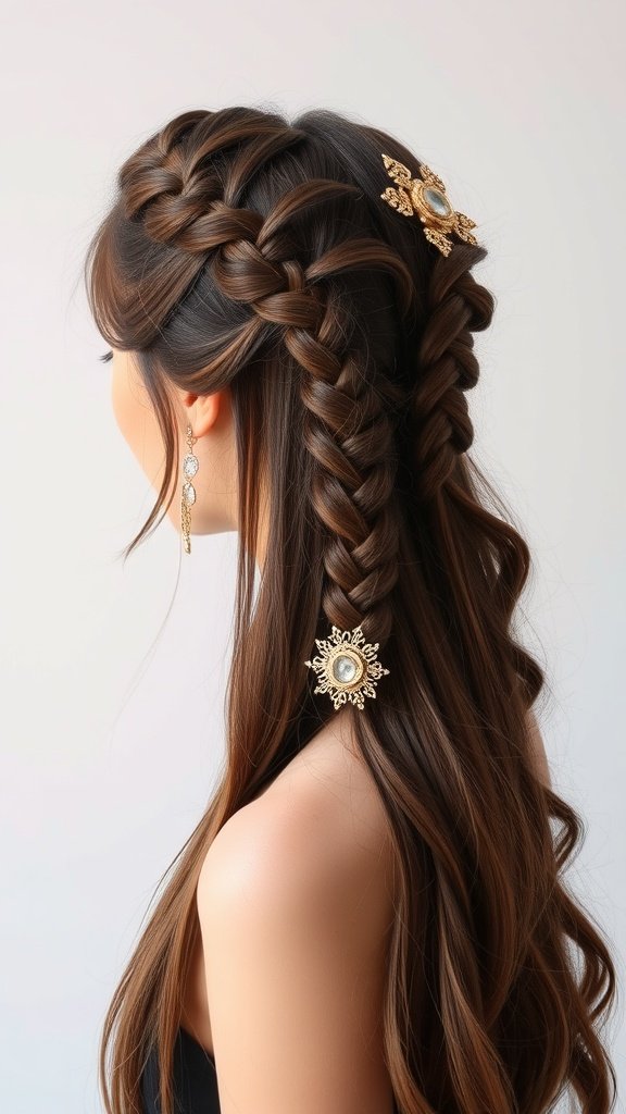 A woman with half-up, half-down knotless braids, adorned with elegant hairpins.