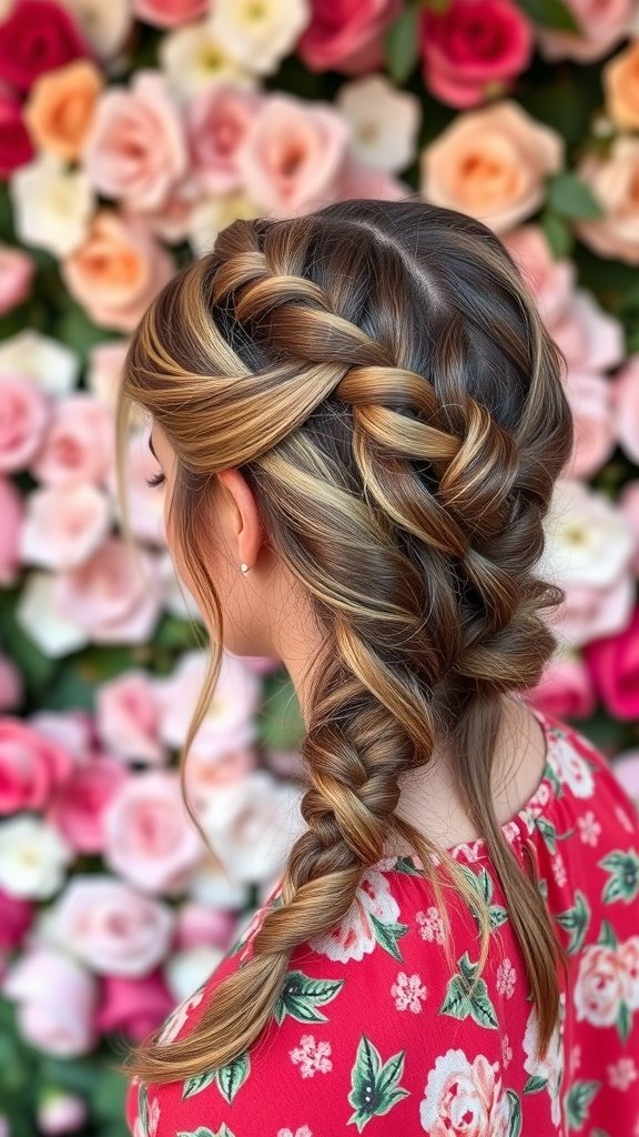 A woman with half-up half-down knotless braids, showcasing a beautiful hairstyle against a floral background.