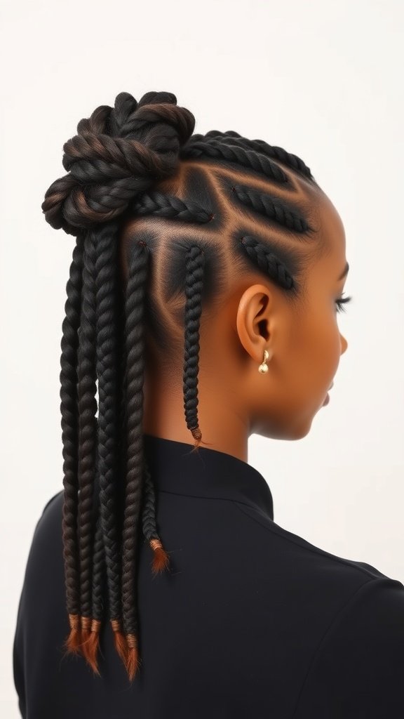 Half-up half-down knotless braids with a twisted bun and long flowing braids