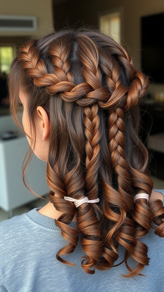 A woman with half-up half-down knotless braids and curly ends, showcasing a stylish hairstyle.