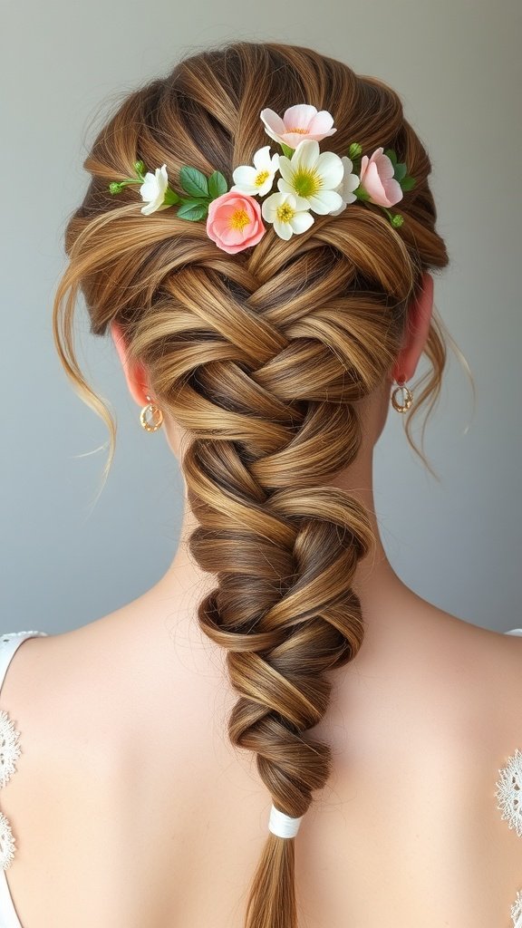A beautiful half-up half-down knotless braid hairstyle with floral accents.