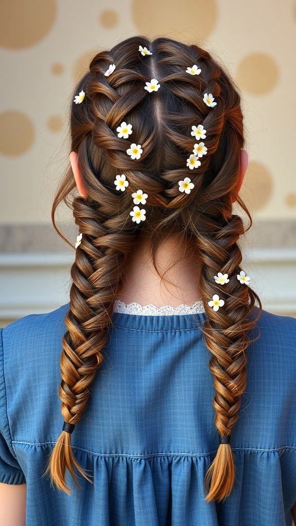A girl with half-up half-down knotless braids adorned with small white flowers.