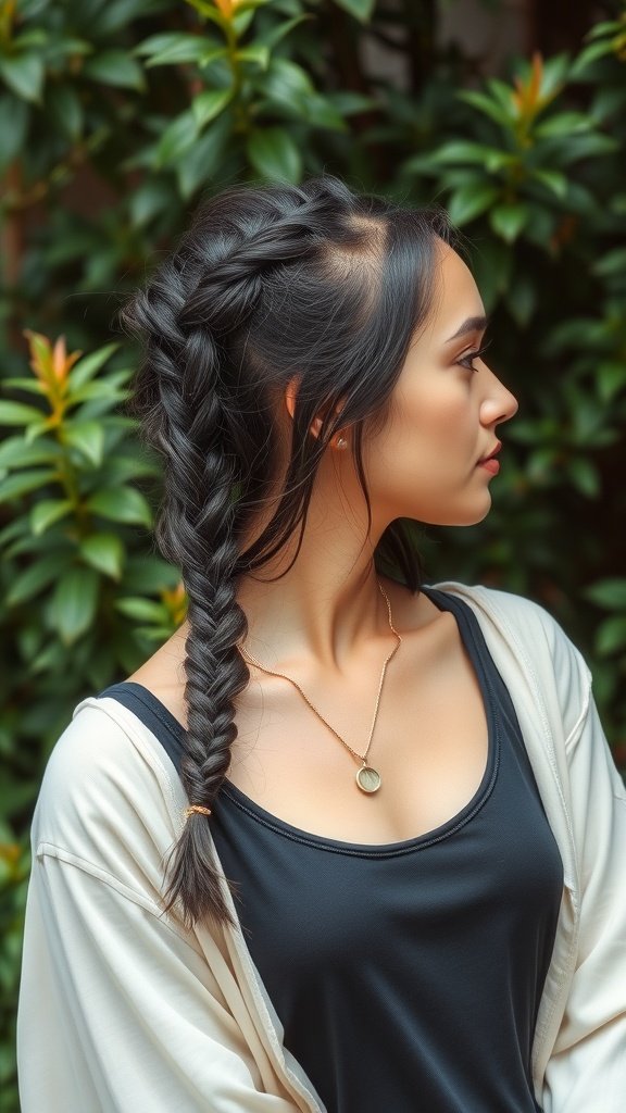 A woman with half-up half-down knotless braids, showcasing a stylish and casual look.