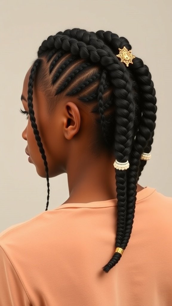 A woman with half-up half-down large knotless box braids, showcasing thick braids and hair accessories.