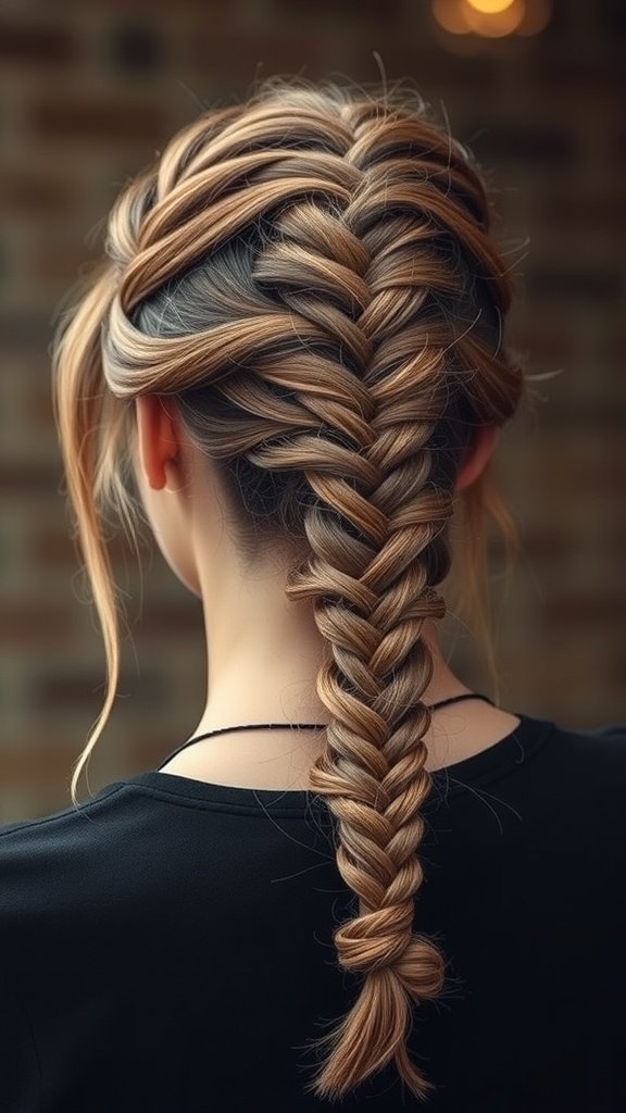 A woman with large knotless braids styled in a half-up half-down look, showcasing intricate braiding and loose hair.
