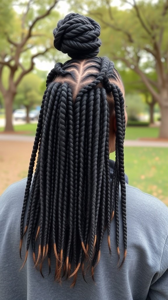 A person with half-up half-down medium knotless box braids, featuring a bun on top and long braids cascading down.