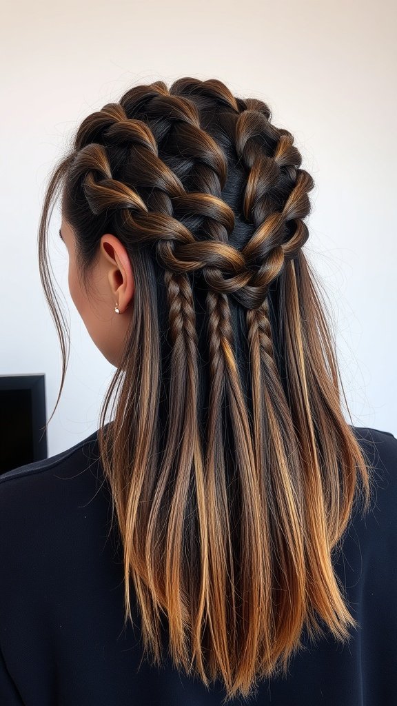 A woman with half-up half-down medium knotless braids showcasing intricate braiding and flowing hair.