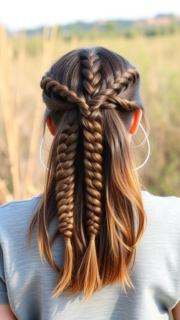 A woman with medium knotless braids styled in a half-up half-down look, showcasing a unique braid pattern.