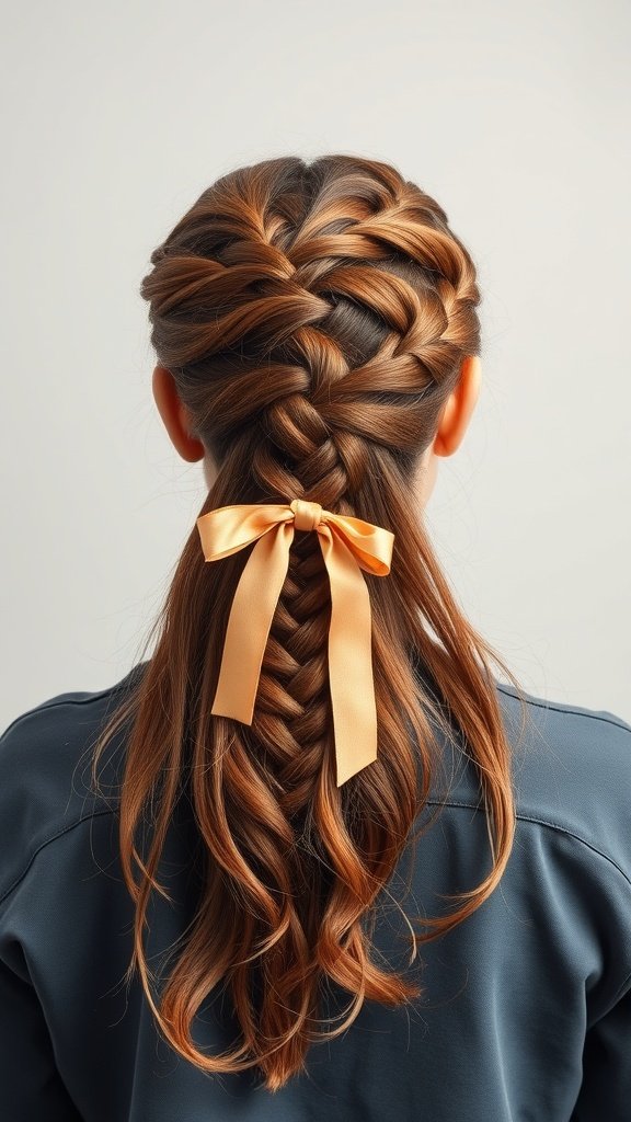 Half-up honey brown braids with a ribbon