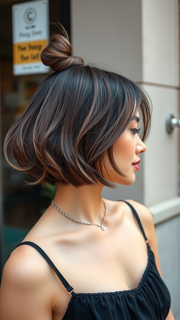 A woman with a half-up knotless bob hairstyle, showcasing a chic and playful look.