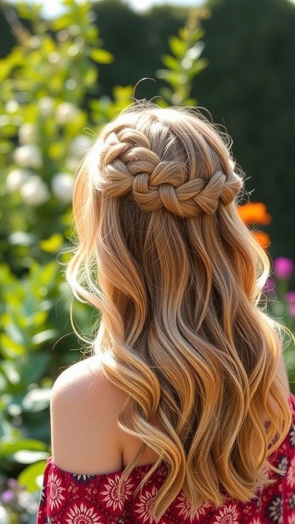A woman with half-up knotless boho braids and flowing hair, set against a garden backdrop.