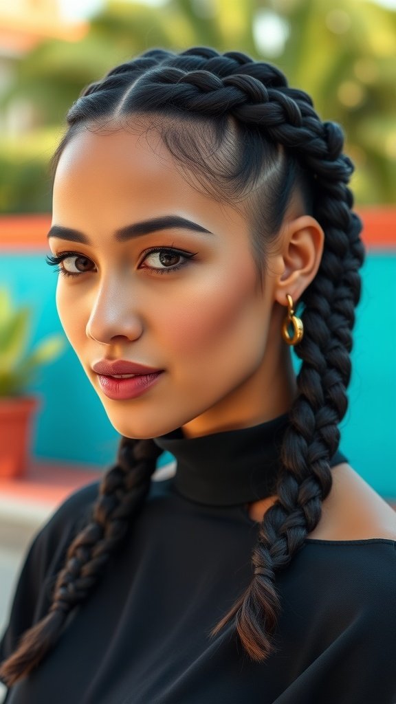 A woman with half-up knotless braids, showcasing a stylish and elegant hairstyle.