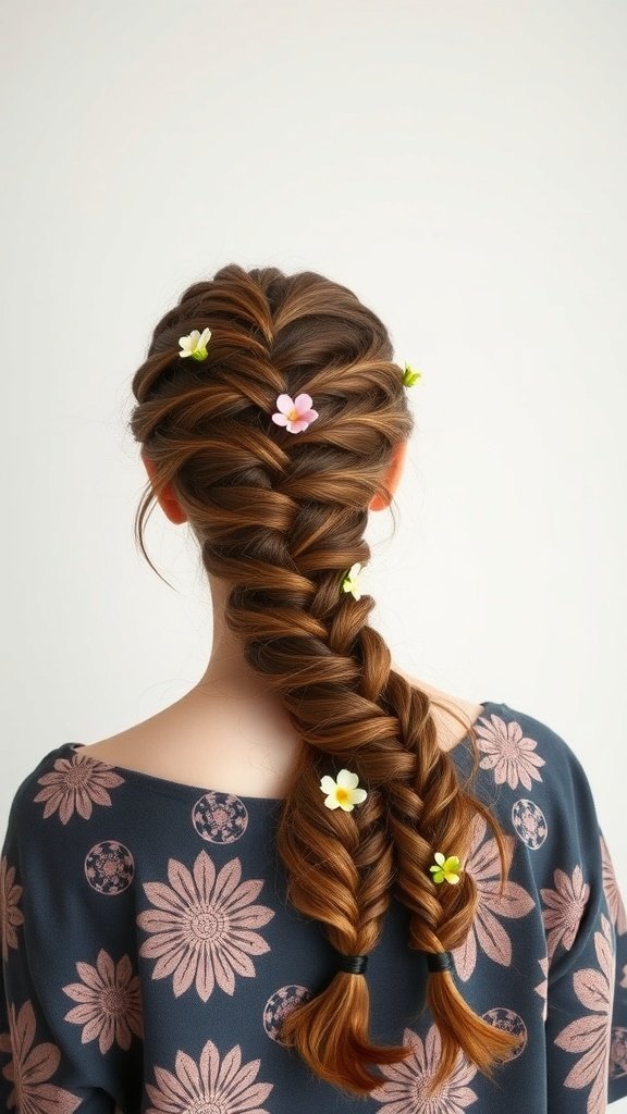 A woman with half-up knotless braids decorated with colorful flowers.