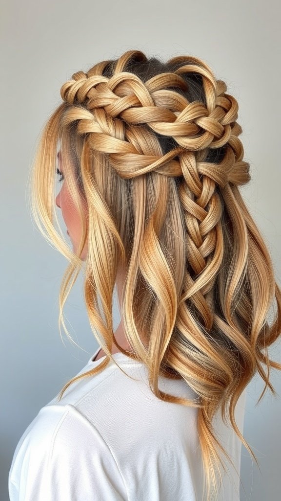 A woman with half-up knotless braids bob hairstyle, featuring intricate braids at the top and flowing waves.