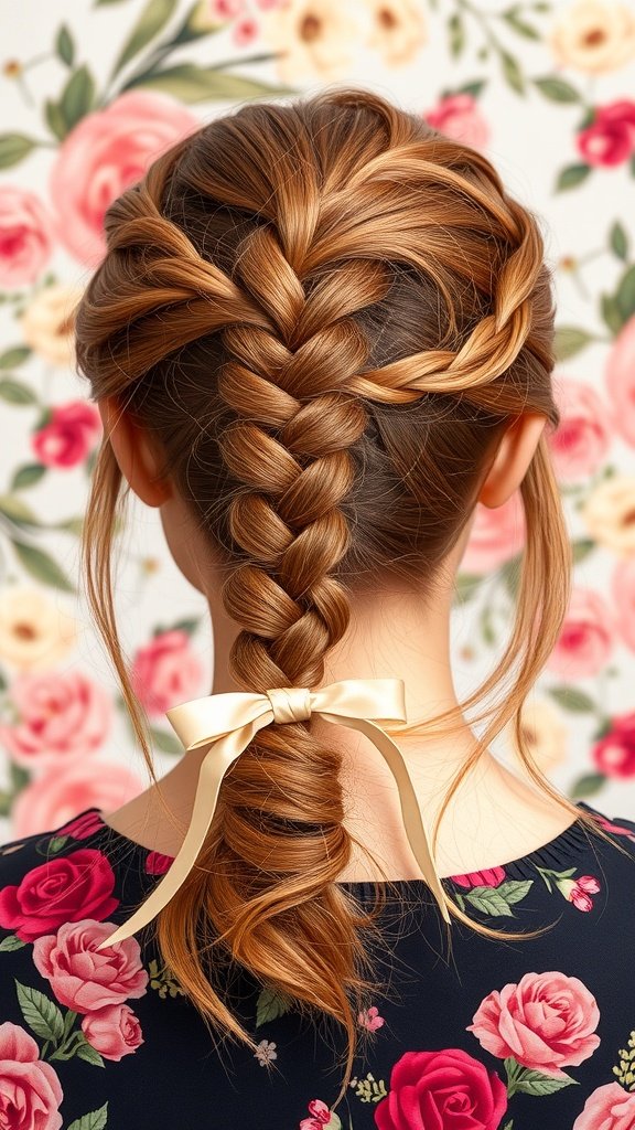 A woman with half-up knotless braids styled with a ribbon, showcasing a floral background.