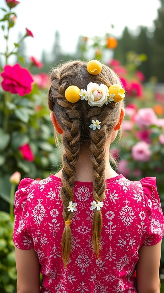 A girl with half-up lemonade braids decorated with flowers and yellow accents, standing in a garden.