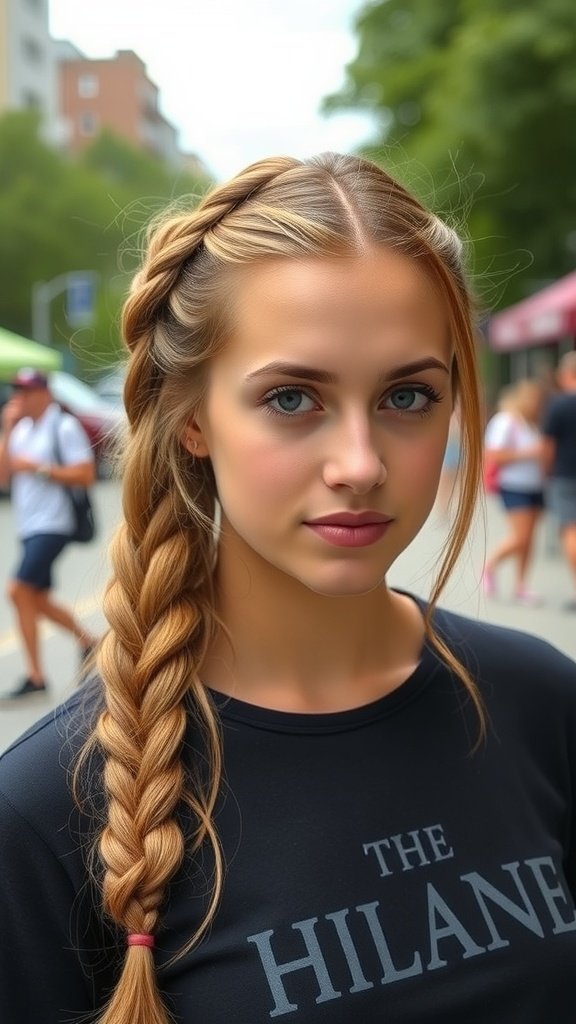 A young woman with half-up lemonade braids, showcasing a stylish and casual hairstyle.