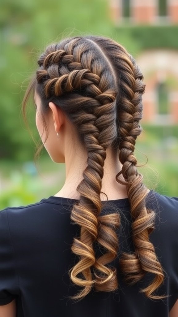 A woman with half-up tribal knotless braids and curls, showcasing a stylish hairstyle.