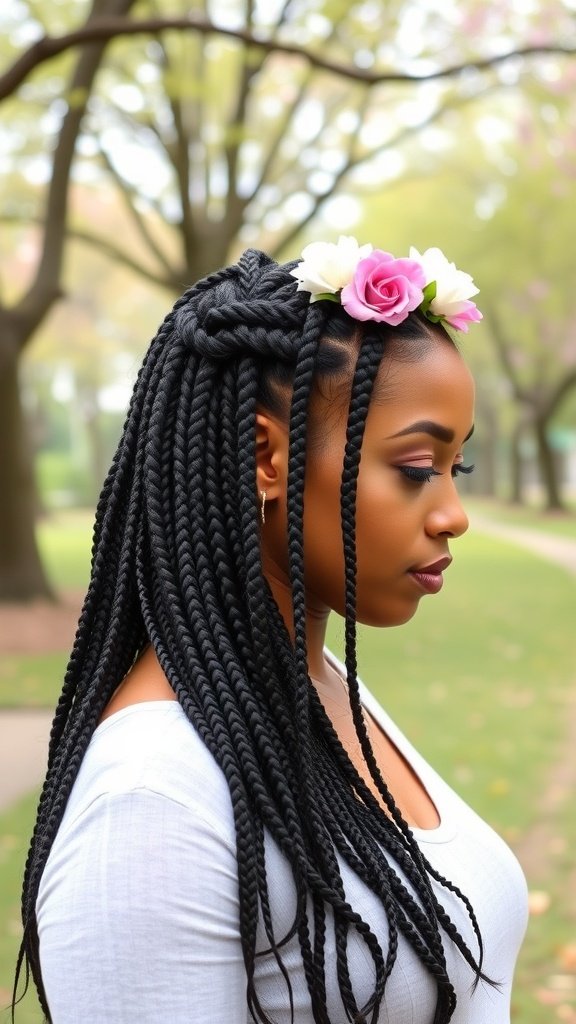 A woman with medium knotless box braids styled in a half-up half-down look, adorned with a floral crown.
