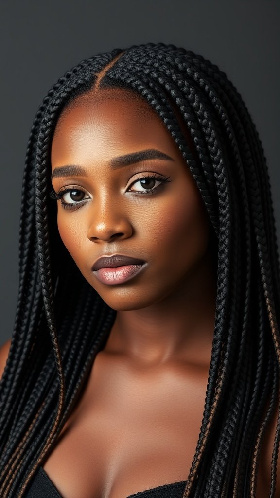 A close-up of a person with highlighted medium knotless box braids, showcasing the intricate hairstyle.