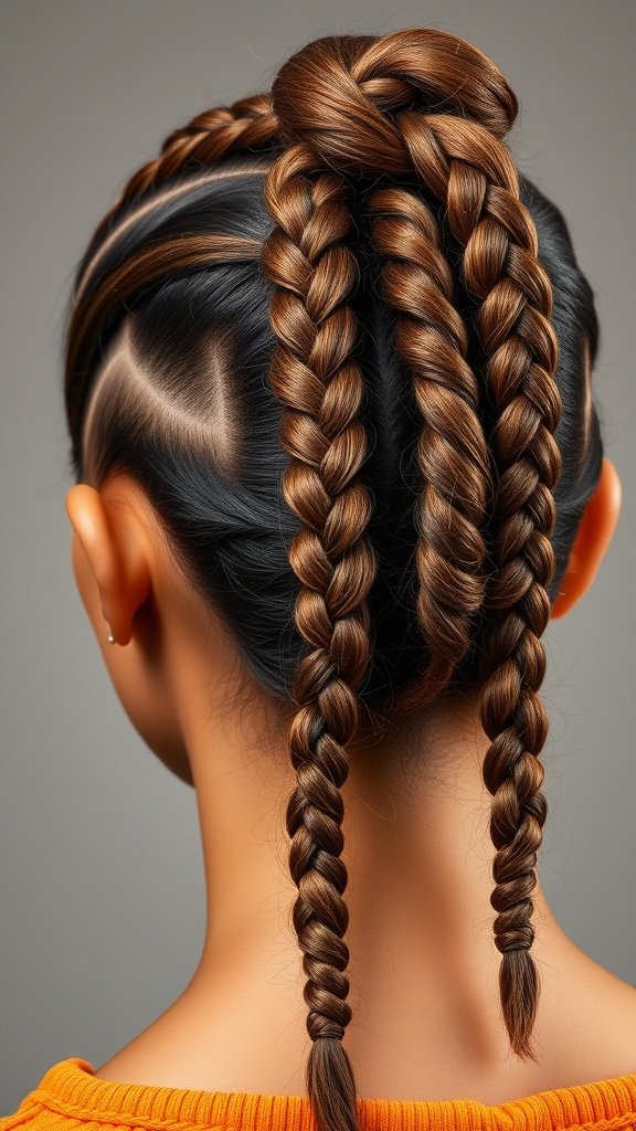 A close-up view of honey brown box braids styled in a creative way.