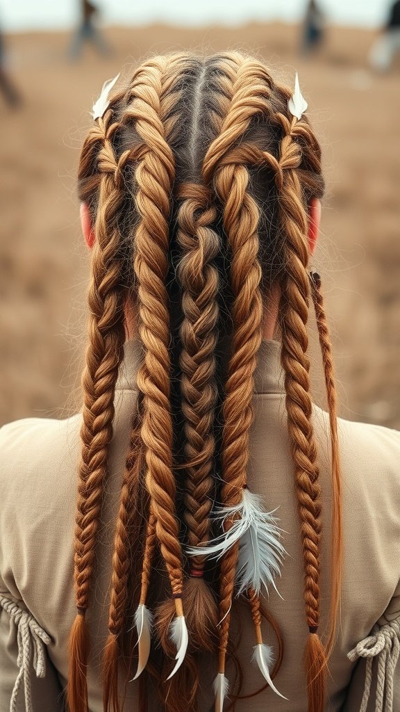A woman with honey brown knotless braids adorned with feathers, showcasing a bohemian style.
