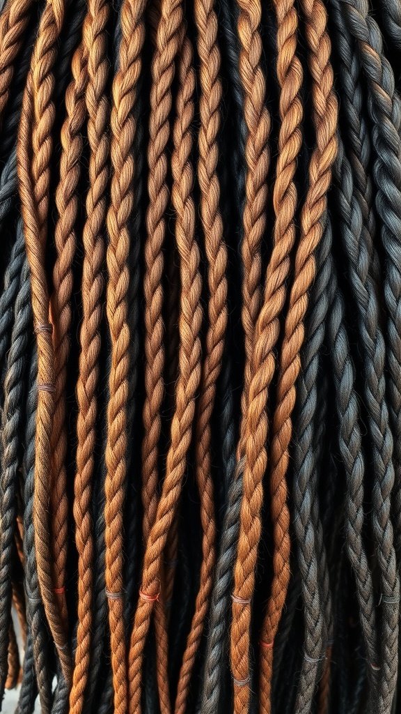 Honey brown knotless braids with dark strands creating a bold contrast.