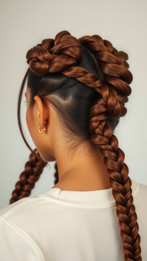 A woman showcasing honey brown knotless braids styled with chic twisted knots.
