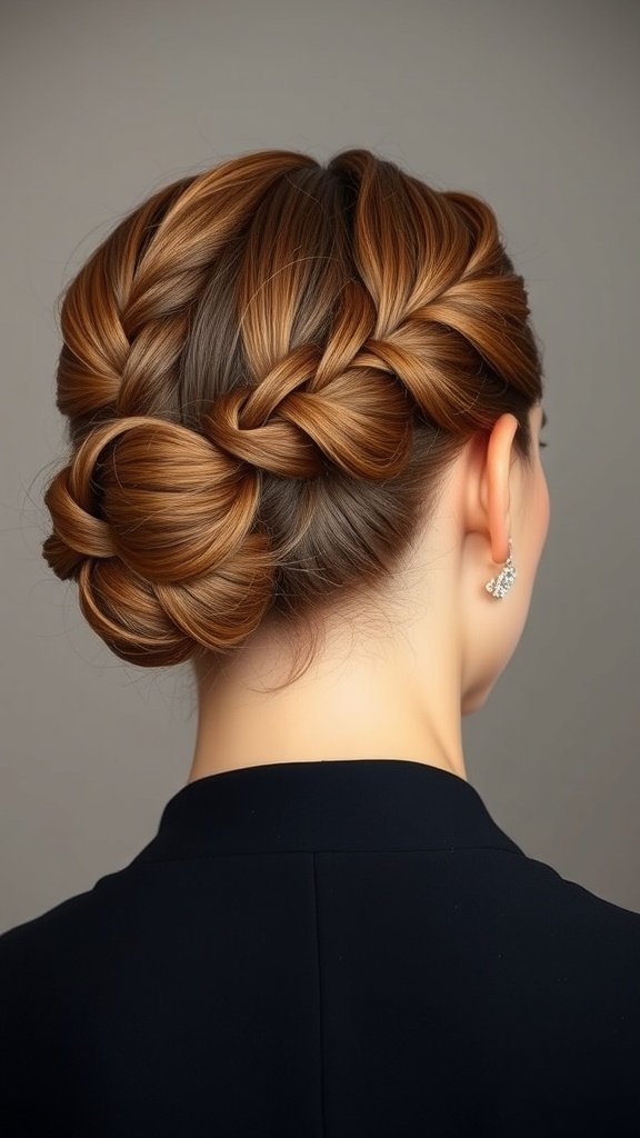 A stylish honey brown braided updo hairstyle.
