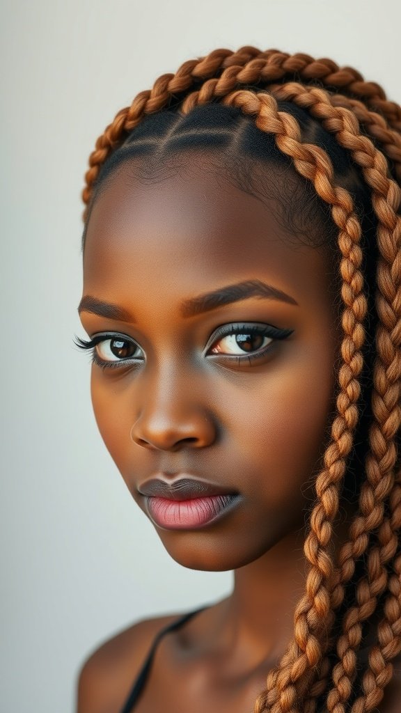 A close-up of a person with honey brown knotless braids styled in a crown braid.