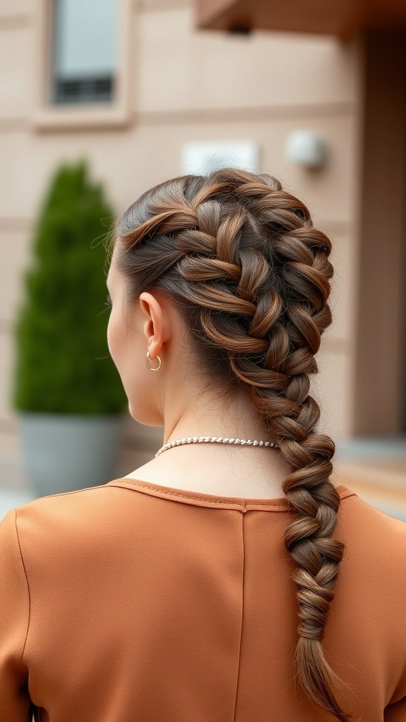 A woman with honey brown knotless braids styled in a low ponytail.
