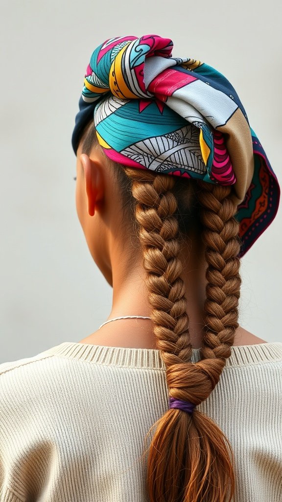 A person with honey brown knotless braids styled with a colorful scarf.