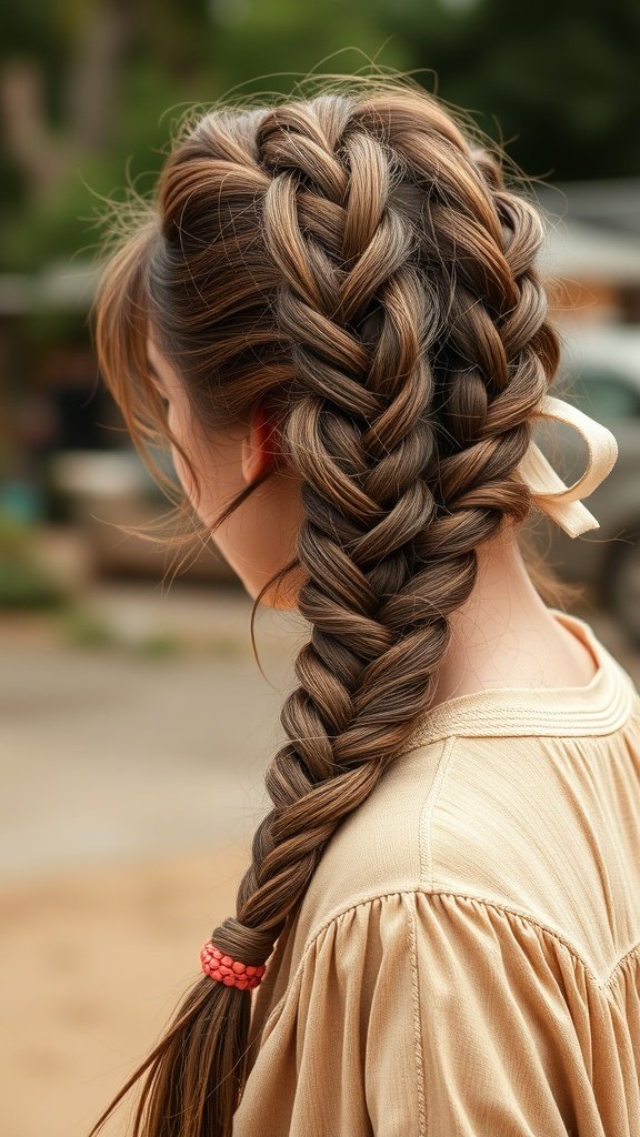 A close-up of a honey brown side braid hairstyle with a colorful hair tie.