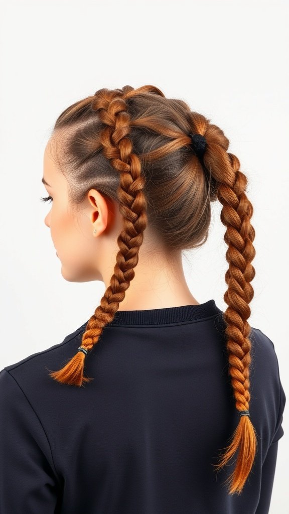 A woman with honey brown knotless braids styled in a side ponytail.