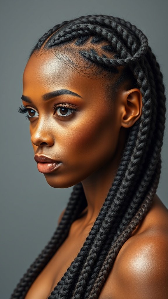 A close-up of a person with honey brown knotless braids styled sleekly.