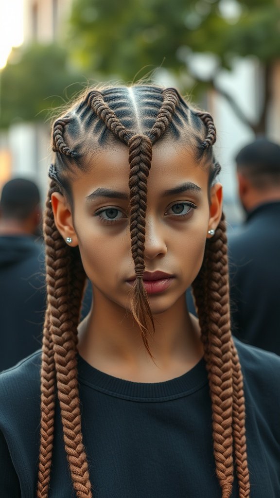 A person with honey brown knotless braids styled in a zigzag part.